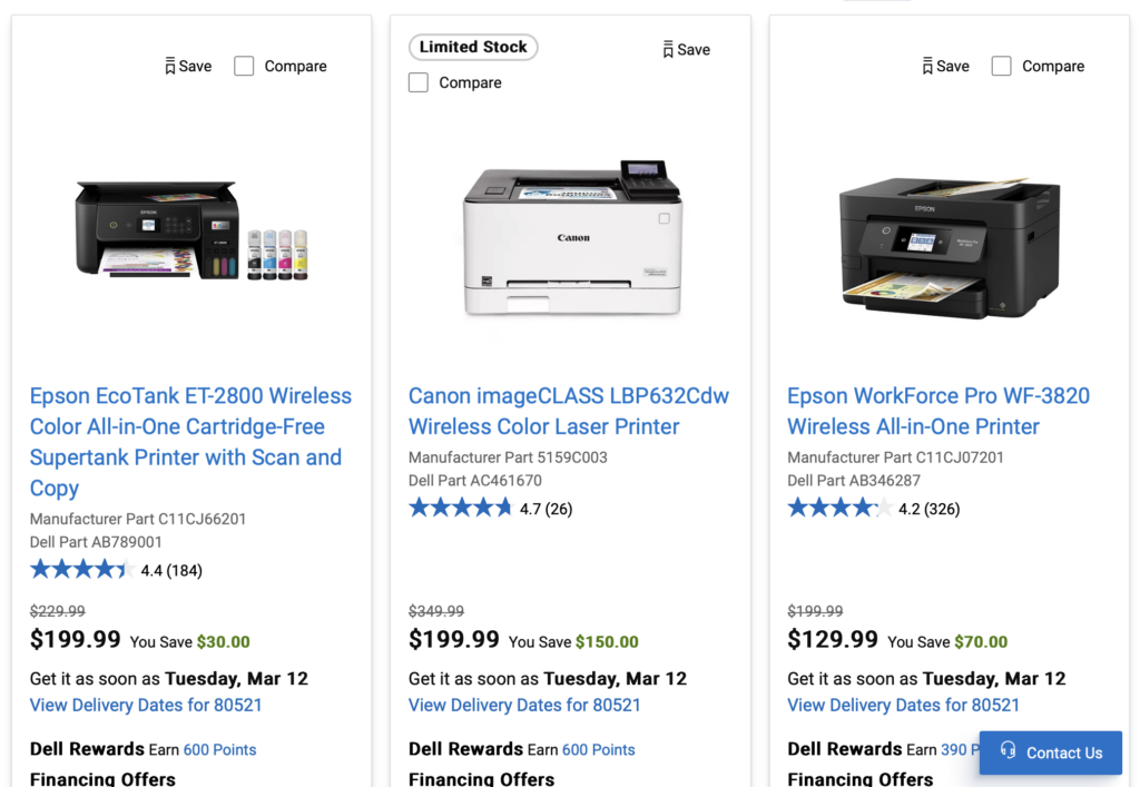 Screenshot of printers on Dell site